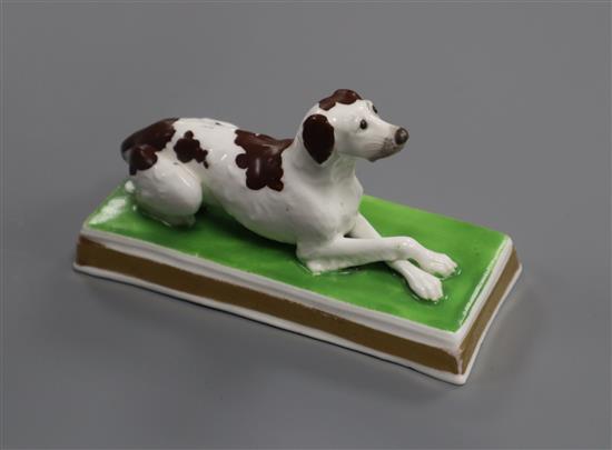 An English porcelain figure of a recumbent brown and white setter, c.1830-50, possibly Davenport, L. 11.4cm